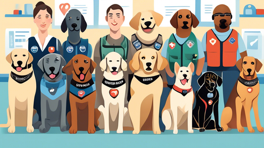Create an image featuring a diverse group of service dogs wearing their vests, each paired with an individual who benefits from their specialized training. The background should show a classroom or se