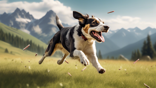 Prompt: Create an image of a joyful dog bounding freely through an open meadow with a backdrop of mountains, showcasing the results of expert off-leash training. The dog should exhibit perfect recall