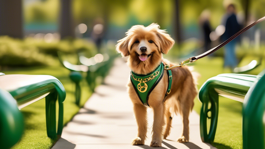 Create an image of a stylish dog park where well-groomed dogs are being walked with luxury dog leashes. The leashes are made of high-quality materials such as leather and embellished with gold and sil