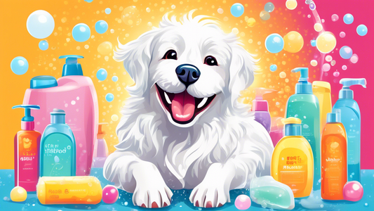 Create an image of a happy white dog with a shiny, sparkling coat sitting next to an assortment of high-quality dog shampoo bottles. The background should be a bright and clean bathroom setting, with