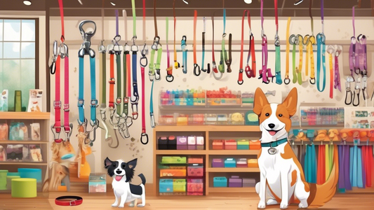 A detailed illustration of a variety of dog leash sets displayed on a wooden table, with different materials, colors, and features. In the background, a well-organized pet store aisle is visible, show