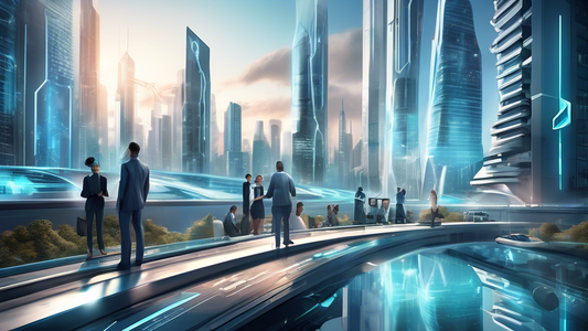 Create an image showing a futuristic cityscape with a towering, modern office building with the name Toppl prominently displayed on it. Include diverse people interacting with advanced technology like