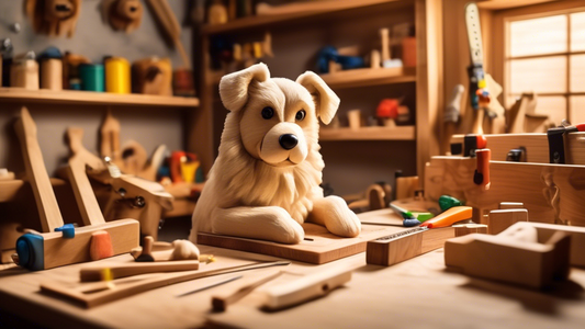 Create an image of a cozy, well-lit workshop where a person is crafting a beautifully designed wooden dog toy box. The focus should be on the detailed steps involved, including measuring, cutting, san