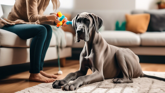 A Great Dane puppy being gently trained by a compassionate owner in a cozy, well-lit living room. The owner uses positive reinforcement techniques with treats and toys, and the puppy is responding wit