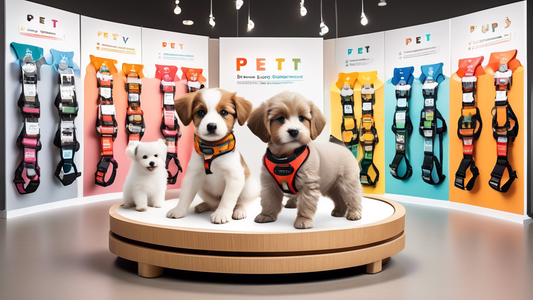 An adorable puppy display with a variety of colorful and stylish harnesses on display stands. Each harness is labeled with features and benefits, showcasing the top picks. The background is a pet-frie