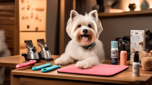 A cozy pet grooming corner featuring various types of dog nail trimmers, including guillotine, scissor, and grinder styles, neatly displayed on a wooden table. In the background, a happy dog sits comf