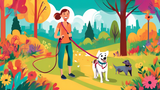 Create an image of a cheerful dog standing on a grassy park trail, wearing a stylish and durable rope leash held by a smiling pet owner. The leash showcases vibrant colors and a comfortable handle, wi