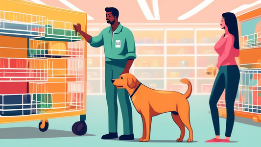 Create an image of a friendly pet store employee showing a couple the different sizes and styles of XXL dog crates. The store should be well-organized with a variety of pet products on shelves, and th