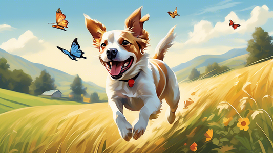 Create an image of a joyful dog running freely through an open field, with a scenic background of rolling hills and a bright blue sky. Show the dog with its ears flapping in the wind and a big, happy