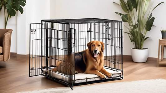 Create an image featuring a variety of spacious and sturdy dog crates designed for large dog breeds. The setting could be a well-lit showroom or a cozy living room. Include several happy, relaxed larg