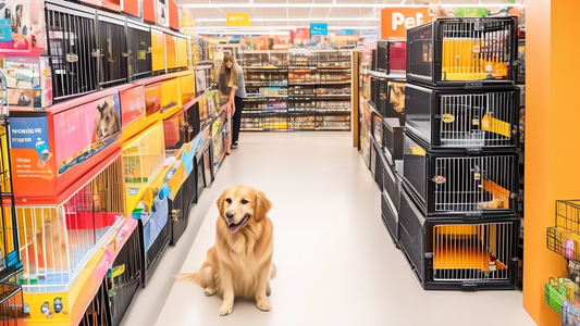 Create an image that shows different types of contour dog crates displayed in a pet store aisle, each with clear labels and features. The scene should include a variety of crate sizes suitable for dif