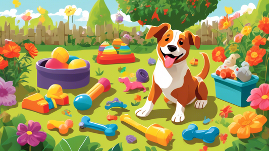 A vibrant illustration of a happy dog enthusiastically playing in a garden with a variety of dog toys designed for digging. There are interactive digging mats, sandbox toys, and puzzles, all scattered