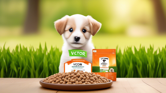 Create an image of an adorable puppy sitting beside a bowl of Victor Puppy Food, with a vibrant background featuring a healthy, green yard. The puppy looks happy and energetic, showcasing its shiny co