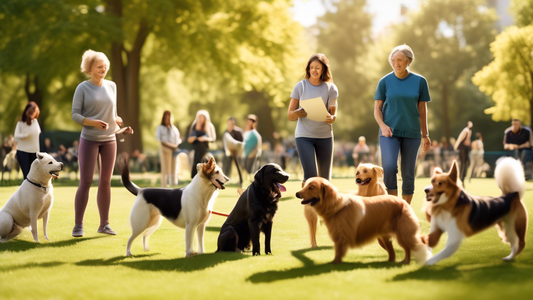 Create an image of a cheerful dog training class taking place in a spacious, sunny park. Include a variety of dog breeds, all off-leash, attentively learning commands from a friendly, experienced trai