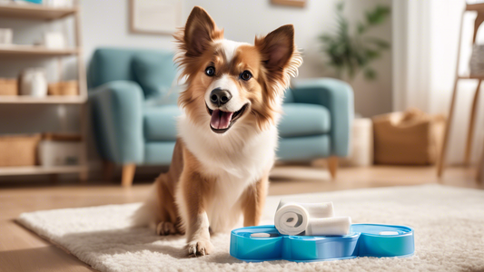 Create an image of a happy dog wearing a Top Paw disposable diaper in a cozy, modern living room. The pet owner is in the background, smiling and giving a thumbs-up, with pet care supplies neatly arra