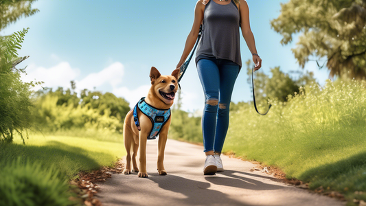 Create an image of a stylish and vibrant dog wearing the Wild One Dog Harness, walking happily alongside its owner in a scenic park. The harness should be prominently featured, showcasing its design,