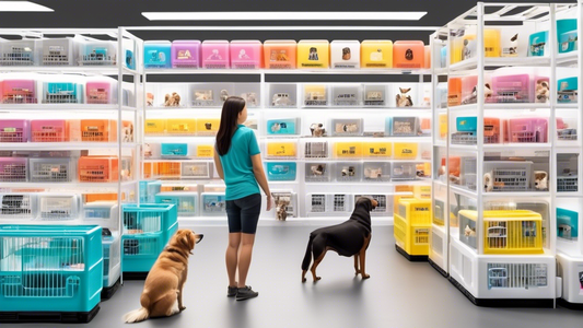 Create an image of a well-lit, modern pet store aisle showcasing an array of 48-inch plastic dog crates on display. Each crate should feature detailed product labels and various design elements such a