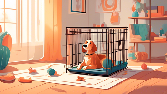 A cozy and well-ventilated medium-sized wire dog crate with a soft cushioned bed inside, a happy dog comfortably lying inside, and a few dog toys scattered around. The crate is placed in a warm, invit