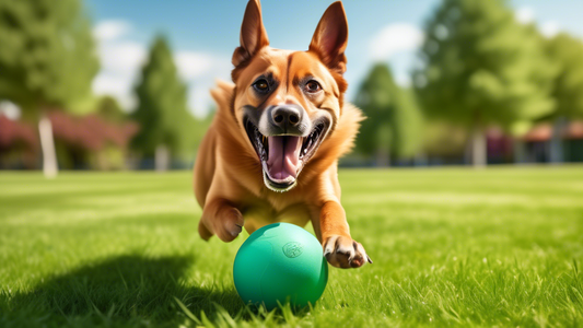 Create a high-resolution image of an enthusiastic dog playing with a Ruff Dawg Ball. The background features a scenic outdoor setting such as a sunny park with green grass and trees. The ball appears
