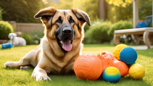 Create an image featuring a variety of top toys specifically designed for large dogs. Show an assortment of durable chew toys, tug-of-war ropes, interactive puzzle toys, and larger balls. Include larg