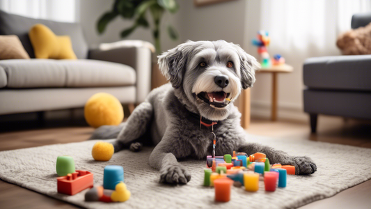 Create an image of a cheerful senior dog with gray fur playing in a cozy living room. Surround the dog with various age-appropriate toys such as soft rubber chew toys, cuddly plush animals, interactiv