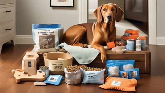 Create an image illustrating a variety of essential dog supplies for new pet owners. Include items such as a dog bed, food and water bowls, a leash and collar, dog food bags, chew toys, grooming brush