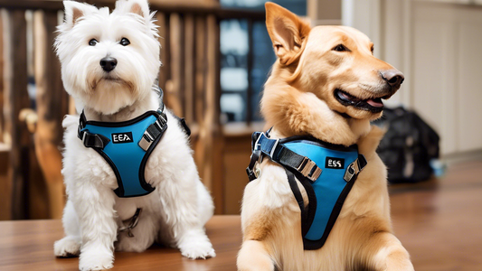 An image of a variety of emotional support dog (ESA) harnesses displayed on a wooden table. The harnesses come in different colors, sizes, and materials, showcasing features like adjustable straps, st