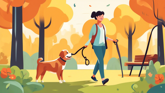 Create an image of a cheerful dog owner in a scenic park, holding a leash while skillfully guiding a happy dog. The dog should be attentively walking beside the owner, demonstrating good training. Inc