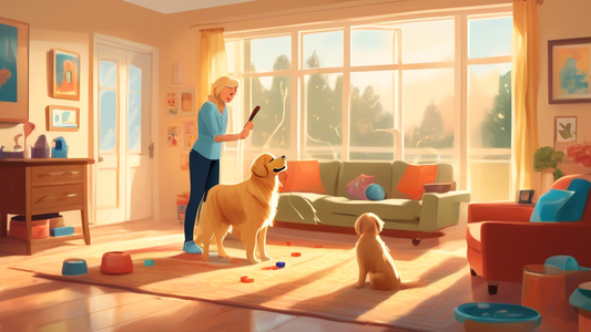 A heartwarming scene of a skilled dog trainer providing personalized one-on-one training tips to an eager Golden Retriever in a cozy living room. The setting includes a variety of training tools like