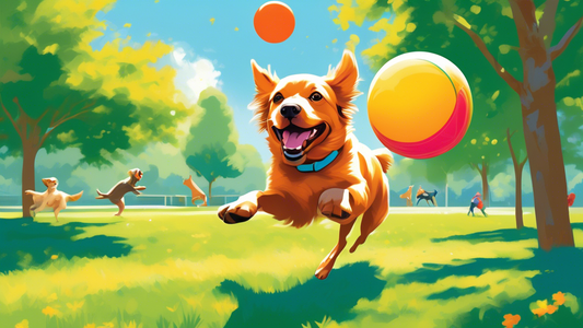Create an image of a joyful dog playing with a brightly colored Jolly Ball in a sunny, green park. The dog is mid-air, leaping to catch the ball, while playful energy radiates from the scene. Nearby,
