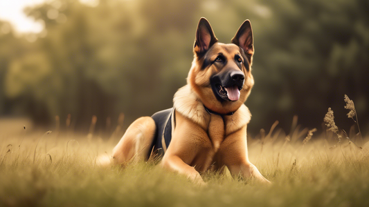 Create an image of a confident dog, such as a German Shepherd or Labrador, attentively following commands from its trainer in a scenic open field without a leash. Illustrate a moment of successful off