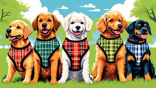 A group of happy dogs wearing stylish and comfortable tartan harnesses in a scenic park. The harnesses come in various vibrant tartan patterns and colors, fitting snugly and comfortably on each dog. T