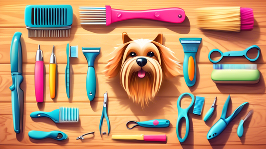 Create an image of a variety of dog grooming tools including different types of combs and brushes laid out neatly on a wooden table. Beside the tools, have a happy dog sitting patiently, ready to be g