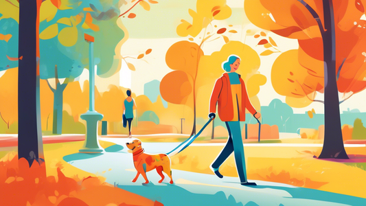 A happy dog and owner walking in a scenic park, with the dog on a retractable leash. The dog explores safely within a controlled range, while the owner comfortably holds the retractable handle. The im