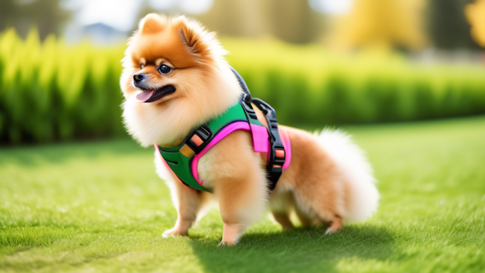A close-up image of an adorable Pomeranian wearing a stylish, comfortable harness in a vibrant color. The harness should be well-fitted, with adjustable straps and cushioned padding for maximum comfor