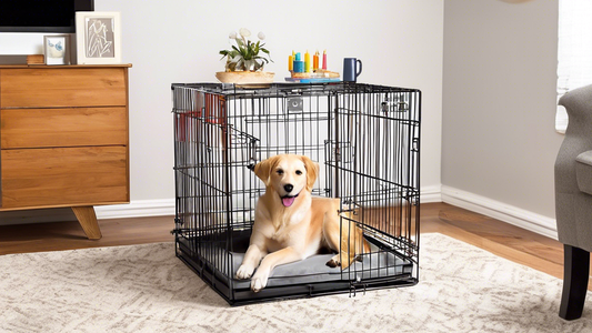 Create an image showcasing a large, foldable dog crate in a home setting. The crate should be made of durable materials and be easy to set up and collapse. Inside, a happy, comfortable dog lounges wit