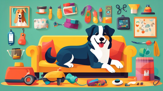 Create an image of a happy, well-groomed dog surrounded by top-rated pet gear, such as a stylish harness, comfortable bed, interactive toys, nutritious food, grooming tools, and a GPS tracker. The set