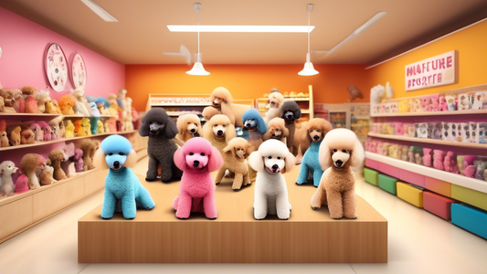 Create an image of an inviting and cheerful pet store showcasing adorable miniature poodles for sale. The store should have a vibrant, welcoming atmosphere with neatly arranged displays of dog toys, g