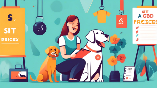 Create an image of a happy dog sitting obediently next to a dog trainer holding a clipboard. Surround them with various price tags and a banner that reads 'Sit Means Sit: A Guide to Training Program P