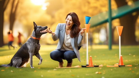 Create an image of a cheerful dog owner in a picturesque park, actively engaging in a training session with their enthusiastic dog. The scene should include various training aids such as agility cones