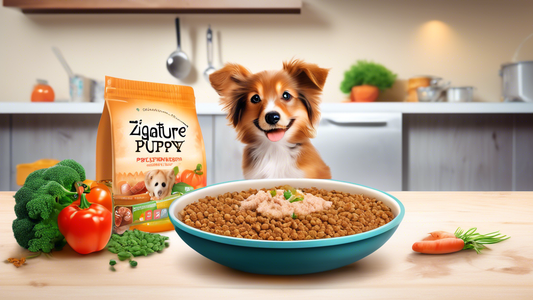 An adorable puppy eagerly eating from a bowl labeled 'Zignature Puppy Food', surrounded by fresh, wholesome ingredients like chicken, vegetables, and grains. The background features a cozy kitchen set