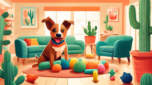 Create an image of a playful, happy dog surrounded by vibrant cactus-shaped dog toys. The dog is seen biting, chewing, and playing enthusiastically with the toys. The background is a cozy, stylish liv