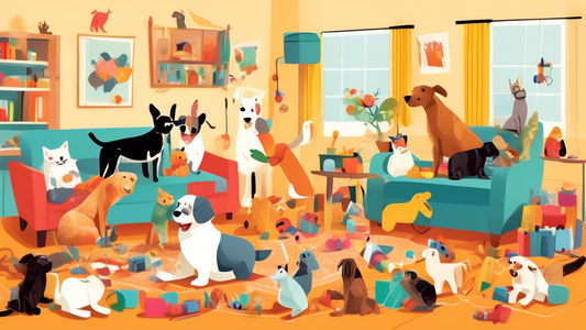 A joyful scene of various pets including dogs, cats, and rabbits playing with colorful and imaginative homemade or budget-friendly toys made from everyday household items like socks, cardboard tubes,