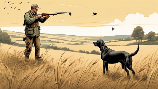 A detailed illustration of a hunter training a gun dog in an open field. The scene includes the handler using a whistle and hand signals to guide the attentive dog, with props like dummies and decoys
