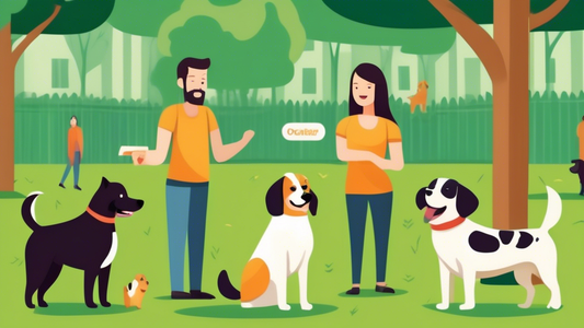 Create an image of a cheerful, small group of dogs and their owners participating in a local dog obedience class in a park setting. The dogs, of various breeds and sizes, are practicing commands like