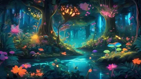 Create an image that showcases the enchanting world of Pawpawify—a serene, magical forest filled with vibrant, bioluminescent pawpaw trees. The scene should depict a diverse array of whimsical creatur