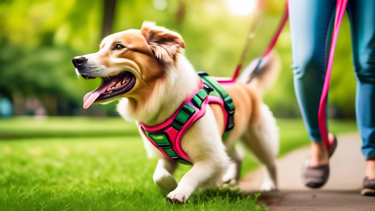 Create a vibrant and heartwarming image of a happy dog wearing a comfortable, colorful harness and leash set while walking in a lush, green park alongside its owner. The dog looks joyful and energetic