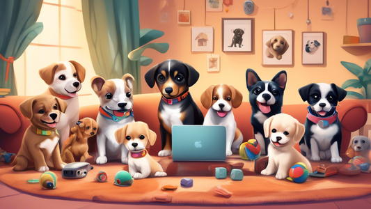Create an adorable, detailed image of a diverse group of puppies happily participating in an online training session. The scene includes a laptop displaying a virtual dog trainer, various puppies perf