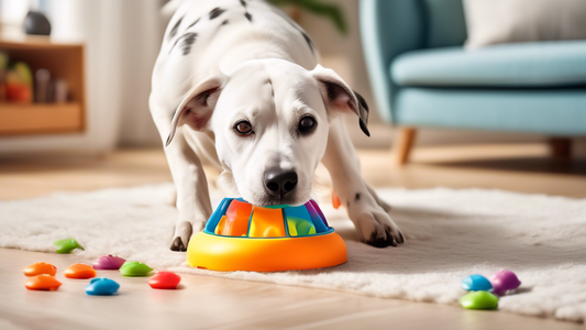 Create an image of a cheerful dog interacting with a brightly colored, innovative food dispenser toy in a cozy home setting. The dispenser should be designed like a puzzle, releasing small amounts of