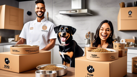 A vibrant, modern kitchen with freshly prepared dog food bowls on a counter. Several friendly dogs of different breeds eagerly await their meals, each with happy, excited expressions. A delivery perso